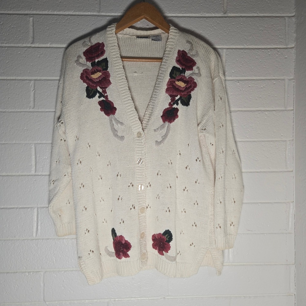Vtg Capacity Floral Embroidered Cardigan Large Cream Ramie‎ Cotton 90s Cottage